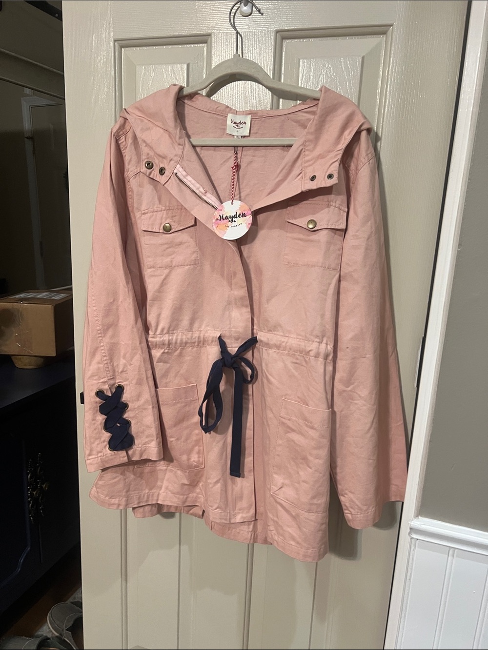 Hayden Blush Pink Hooded Anorak with Navy Waist Tie